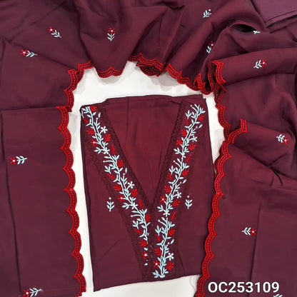 Dark maroon silk cotton unstitched salwar material, (soft, silky,lining optional)V neck with embroidered and lace work, embroidery on front,silky bottom, embroidery on soft silk cotton dupatta with scallop edges.. OC253108