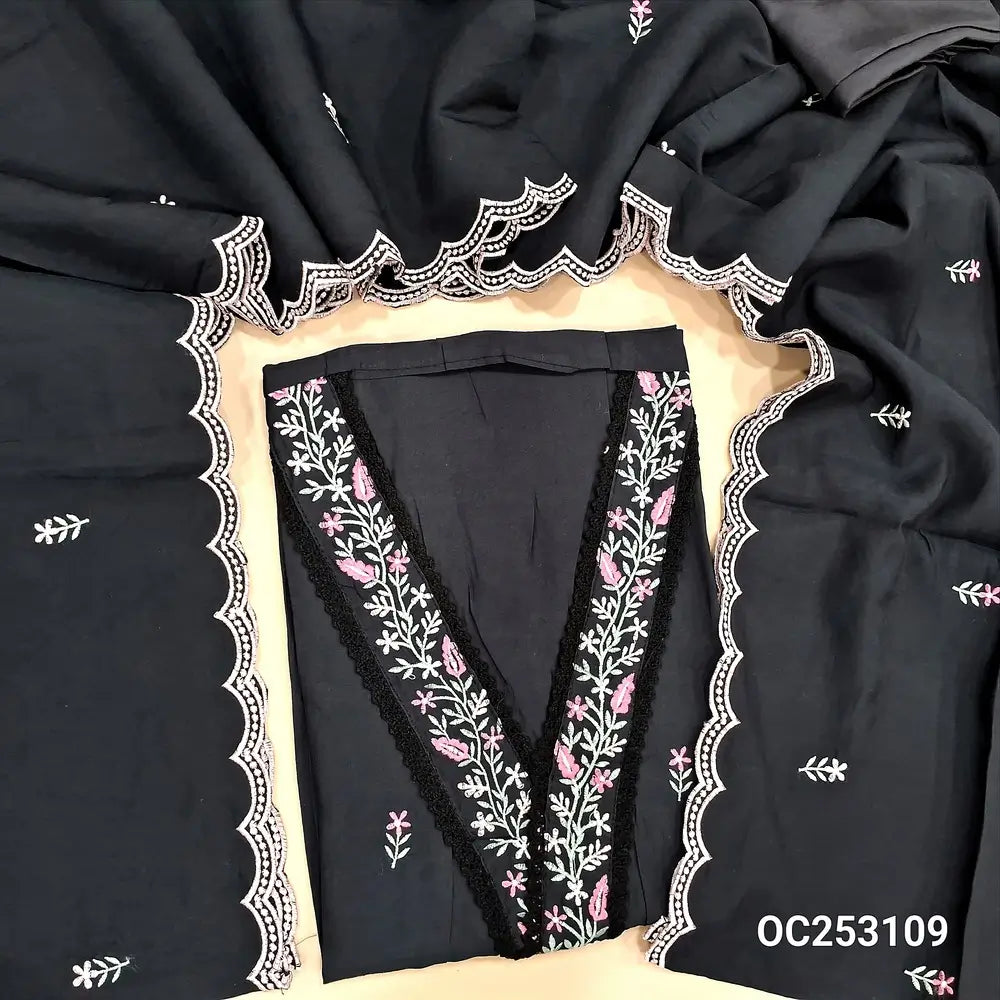 Black silk cotton unstitched salwar material, (soft, silky,lining optional)V neck with embroidered and lace work, embroidery on front,silky bottom, embroidery on soft silk cotton dupatta with scallop edges.. OC253109