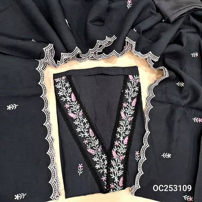 Black silk cotton unstitched salwar material, (soft, silky,lining optional)V neck with embroidered and lace work, embroidery on front,silky bottom, embroidery on soft silk cotton dupatta with scallop edges.. OC253109