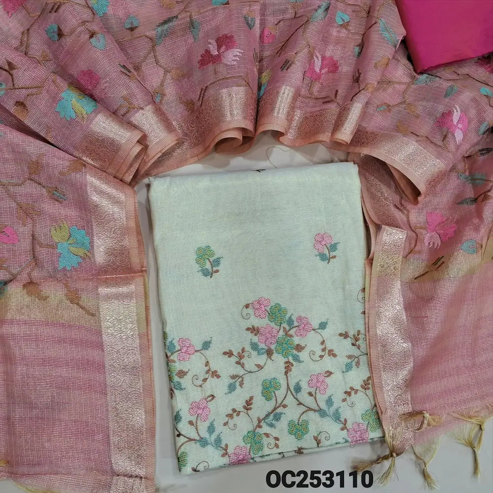 Premium Light beige with golden tint soft tissue silk cotton unstitched salwar material, (lining needed)embroidery work on front, dark pink silk cotton bottom,rich embroidery work on kota tissue silk cotton dupatta with benarasi zari borders. OC253110