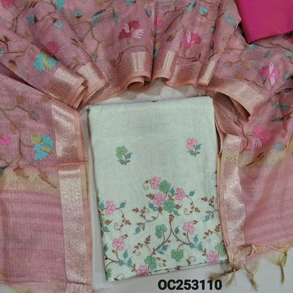 Premium Light beige with golden tint soft tissue silk cotton unstitched salwar material, (lining needed)embroidery work on front, dark pink silk cotton bottom,rich embroidery work on kota tissue silk cotton dupatta with benarasi zari borders. OC253110