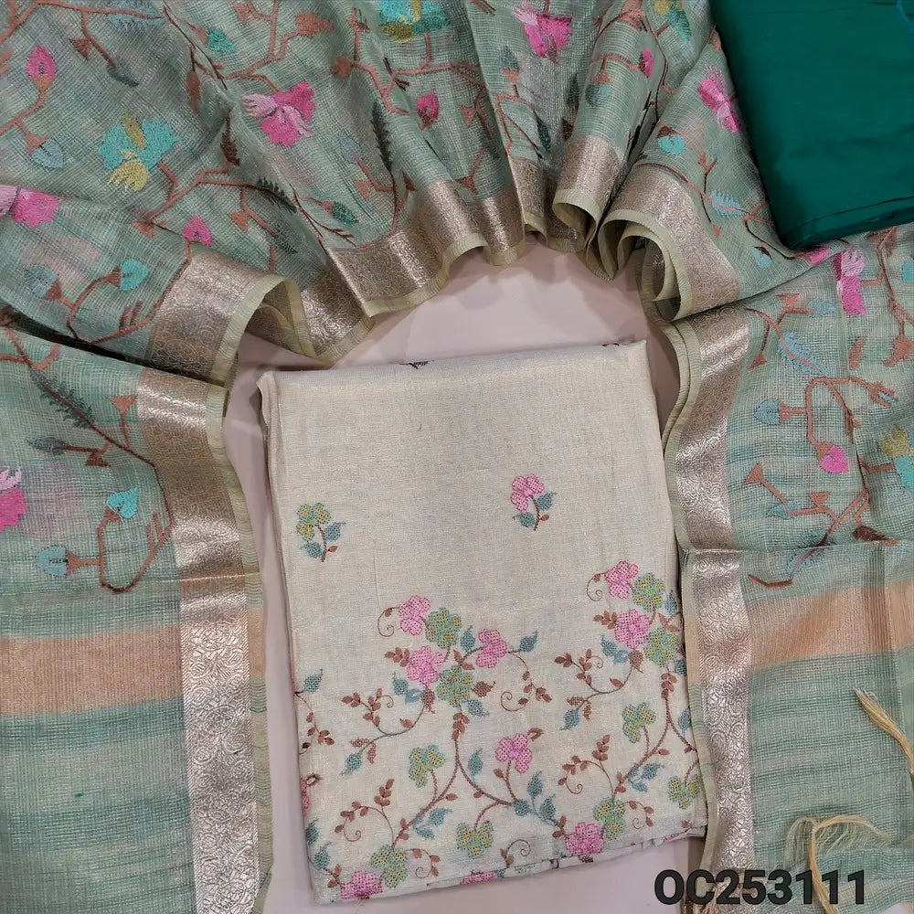 Premium Light beige with golden tint soft tissue silk cotton unstitched salwar material, (lining needed)embroidery work on front, peacock green silk cotton bottom,rich embroidery work on kota tissue silk cotton dupatta with benarasi zari borders. OC253111