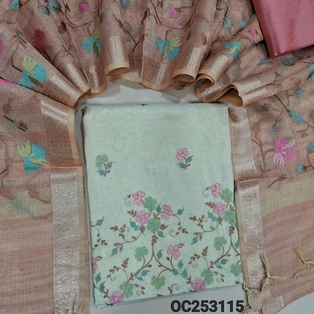 Premium Light beige with golden tint soft tissue silk cotton unstitched salwar material, (lining needed)embroidery work on front, peachish pink silk cotton bottom,rich embroidery work on kota tissue silk cotton dupatta with benarasi zari borders. OC253112