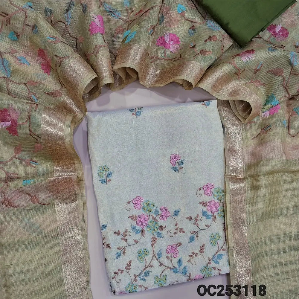 Premium Light beige with golden tint soft tissue silk cotton unstitched salwar material, (lining needed)embroidery work on front, olive green silk cotton bottom,rich embroidery work on kota tissue silk cotton dupatta with benarasi zari borders. OC253118
