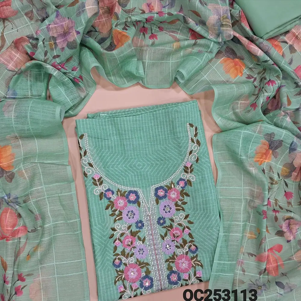 Pastel Green Semi linen unstitched salwar material, (soft, lining needed)abstract prints all over, embroidery work on yoke, cotton bottom, floral printed semi linen  dupatta. OC253113