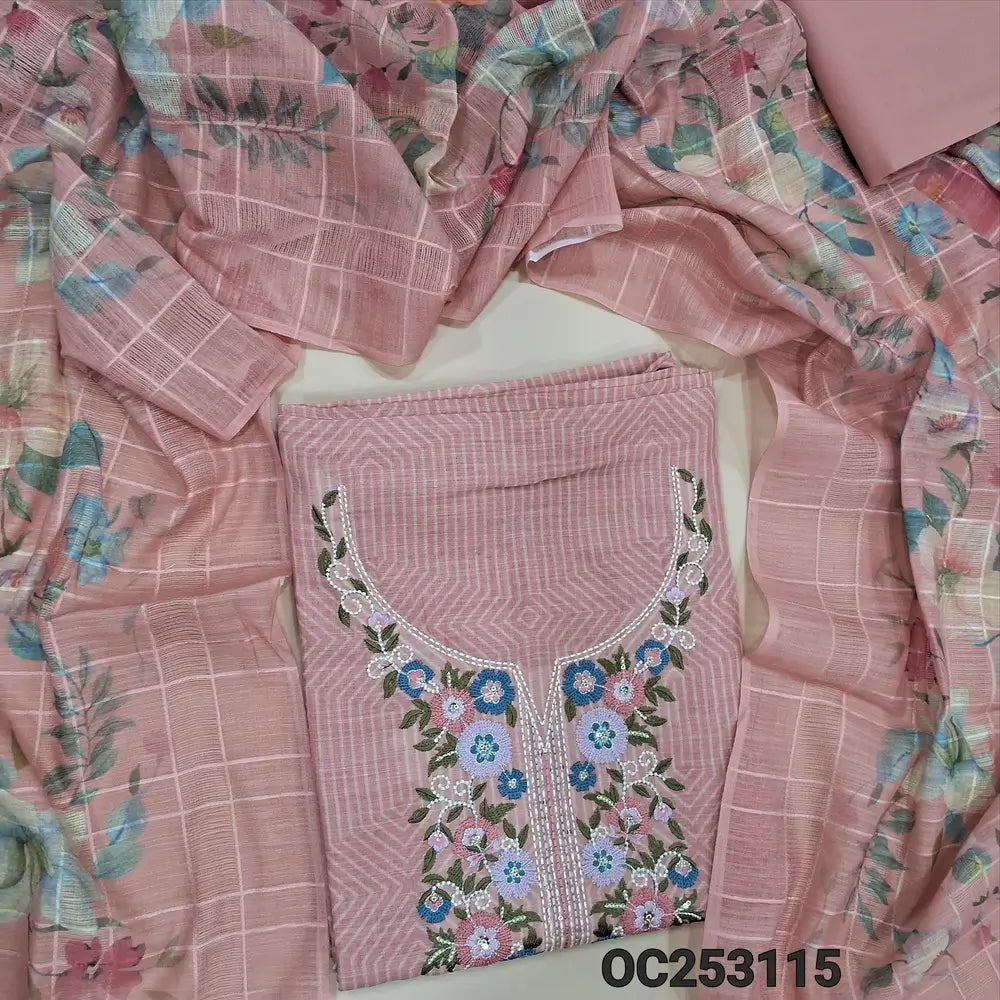 Peach Semi linen unstitched salwar material, (soft, lining needed)abstract prints all over, embroidery work on yoke, cotton bottom, floral printed semi linen  dupatta. OC253115