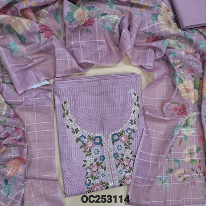Light Purple Semi linen unstitched salwar material, (soft, lining needed)abstract prints all over, embroidery work on yoke, cotton bottom, floral printed semi linen  dupatta. OC253114