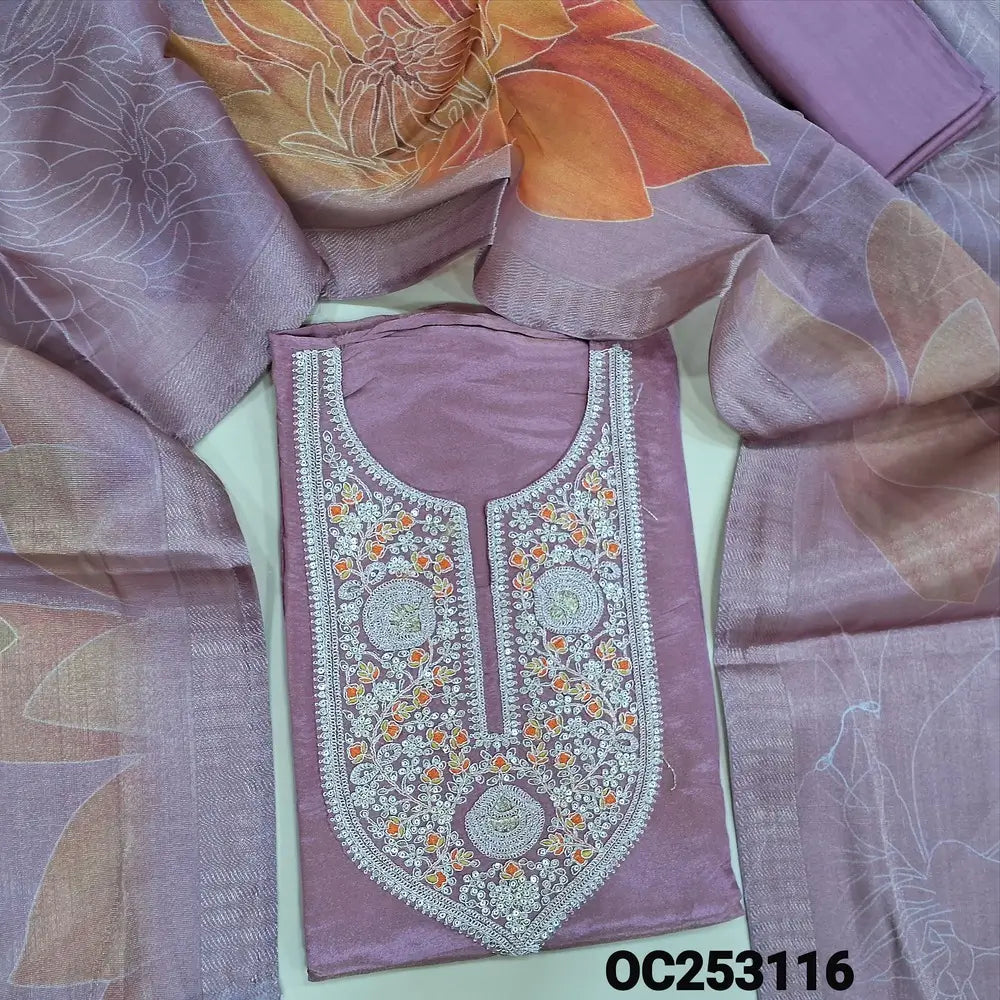 Designer Mauve with golden tint Tissue silk unstitched salwar material, (soft and silky lining needed) heavy zari work on yoke ,Santoon bottom, Bold floral design on tissue silk cotton short width dupatta with zari borders. OC253116