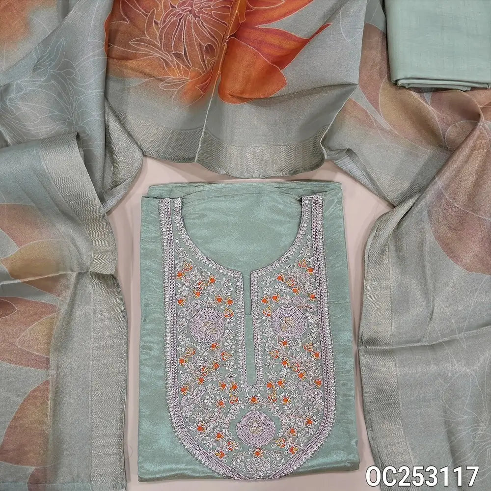 Designer Greenish blue with golden tint Tissue silk unstitched salwar material, (soft and silky lining needed) heavy zari work on yoke ,Santoon bottom, Bold floral design on tissue silk cotton short width dupatta with zari borders. OC253117