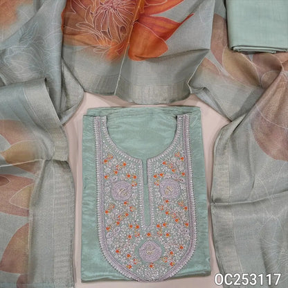 Designer Greenish blue with golden tint Tissue silk unstitched salwar material, (soft and silky lining needed) heavy zari work on yoke ,Santoon bottom, Bold floral design on tissue silk cotton short width dupatta with zari borders. OC253117