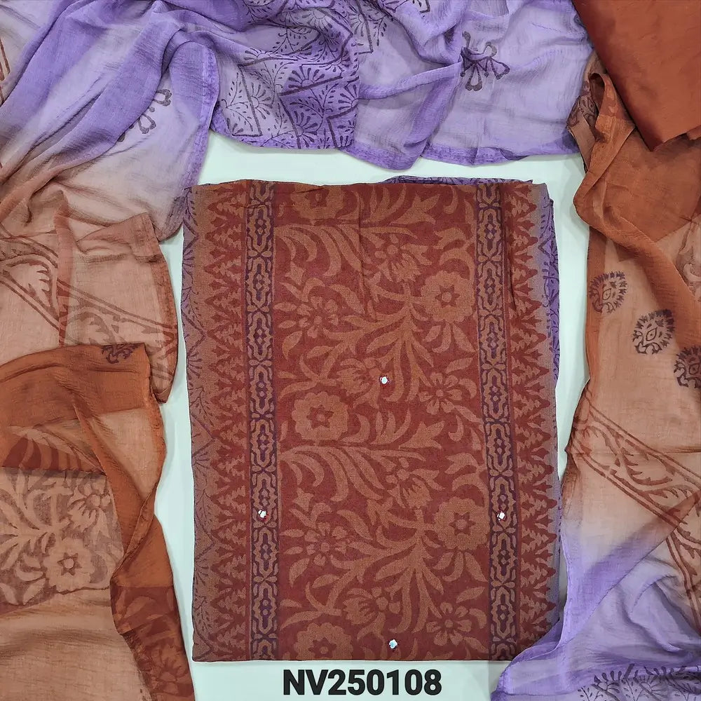 Mauve & Brown block printed semi georgette unstitched salwar material,(flowy, lining needed) faux mirror work on front, silk cotton bottom, block printed dual shaded fancy chiffon dupatta. NV250108