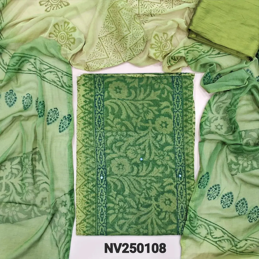 Light Green & dark green block printed semi georgette unstitched salwar material,(flowy, lining needed) faux mirror work on front, silk cotton bottom, block printed dual shaded fancy chiffon dupatta. NV250107