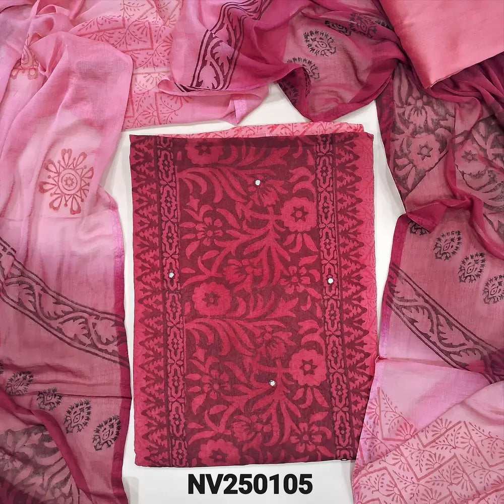 Pink & dark maroon block printed semi georgette unstitched salwar material,(flowy, lining needed) faux mirror work on front, silk cotton bottom, block printed dual shaded fancy chiffon dupatta. NV250105
