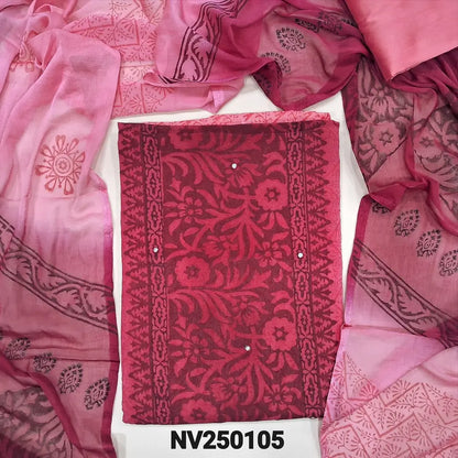 Pink & dark maroon block printed semi georgette unstitched salwar material,(flowy, lining needed) faux mirror work on front, silk cotton bottom, block printed dual shaded fancy chiffon dupatta. NV250105
