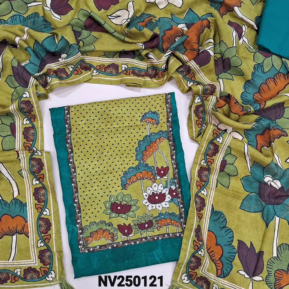 Designer teal Green pure muslin silk unstitched salwar material,(silky, lining needed) kalamkari printed, bead work on yoke, matching santoon bottom, kalamkari printed short width maslin silk dupatta. NV250121