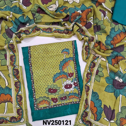 Designer teal Green pure muslin silk unstitched salwar material,(silky, lining needed) kalamkari printed, bead work on yoke, matching santoon bottom, kalamkari printed short width maslin silk dupatta. NV250121