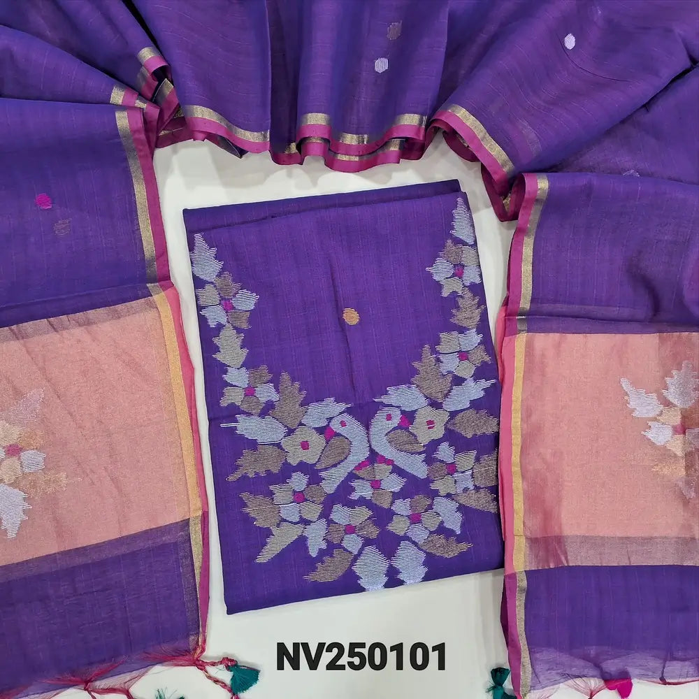 Designer Purple Muslin Jamdani unstitched salwar material, Weaving yoke (Thin, Lining Needed) NO BOTTOM, Jamdani woven full length dupatta with paithani weaving on pallu and handmade tassels. NV250101