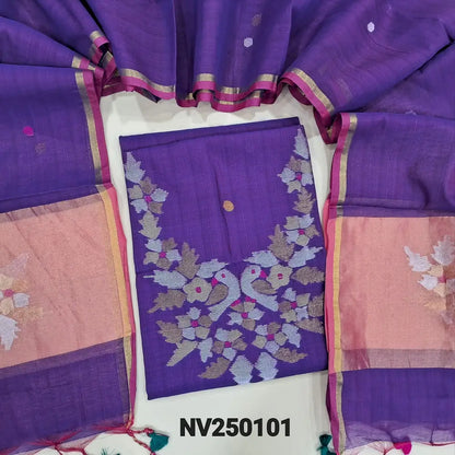 Designer Purple Muslin Jamdani unstitched salwar material, Weaving yoke (Thin, Lining Needed) NO BOTTOM, Jamdani woven full length dupatta with paithani weaving on pallu and handmade tassels. NV250101