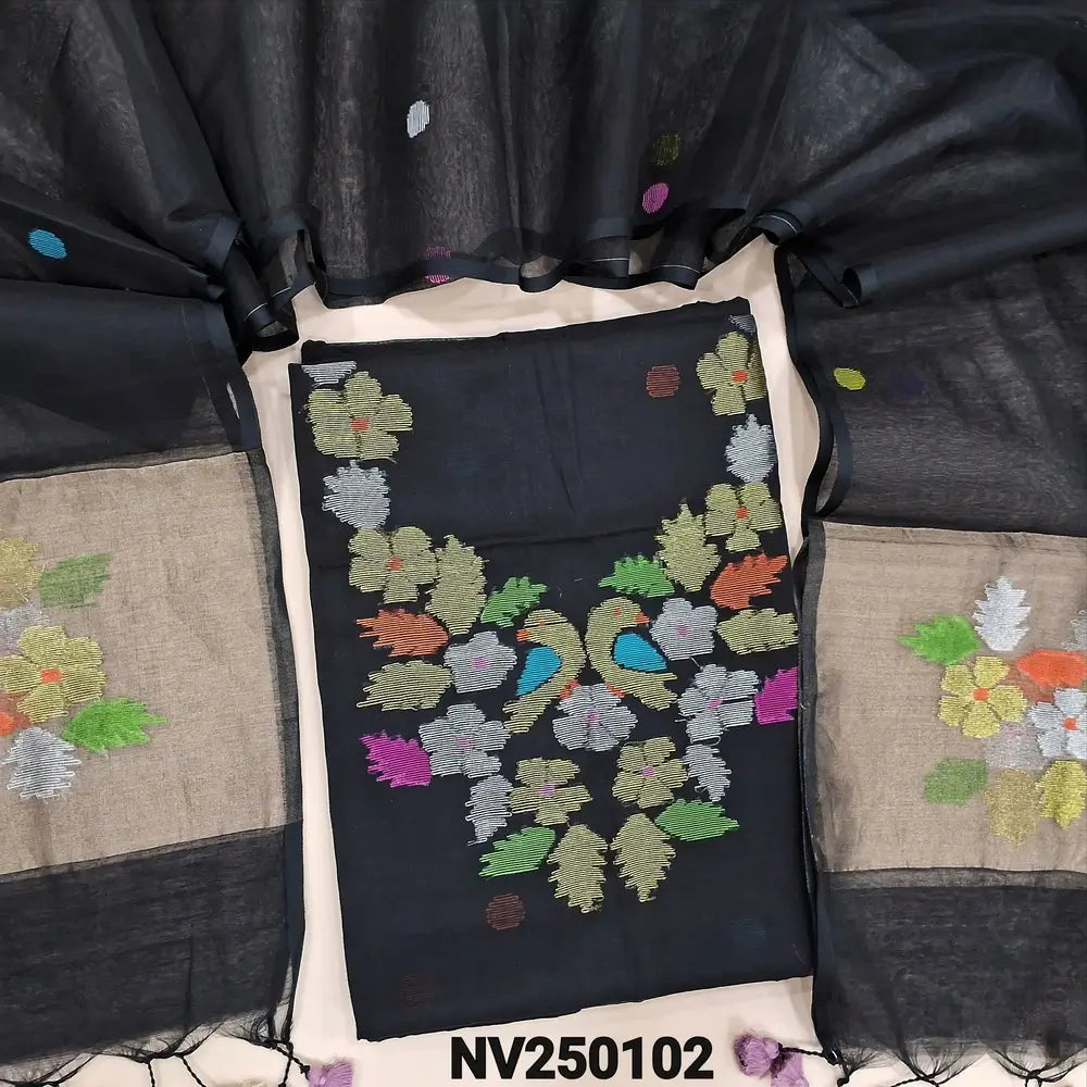 Designer Black Muslin Jamdani unstitched salwar material, Weaving yoke (Thin, Lining Needed) NO BOTTOM, Jamdani woven full length dupatta with paithani weaving on pallu and handmade tassels. NV250102