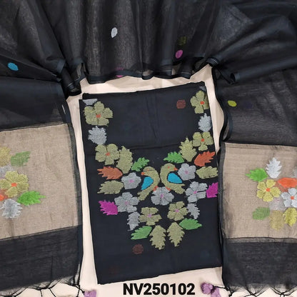 Designer Black Muslin Jamdani unstitched salwar material, Weaving yoke (Thin, Lining Needed) NO BOTTOM, Jamdani woven full length dupatta with paithani weaving on pallu and handmade tassels. NV250102