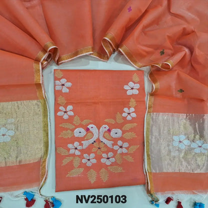 Designer Light Orange Muslin Jamdani unstitched salwar material, Weaving yoke (Thin, Lining Needed) NO BOTTOM, Jamdani woven full length dupatta with paithani weaving on pallu and handmade tassels. NV250103