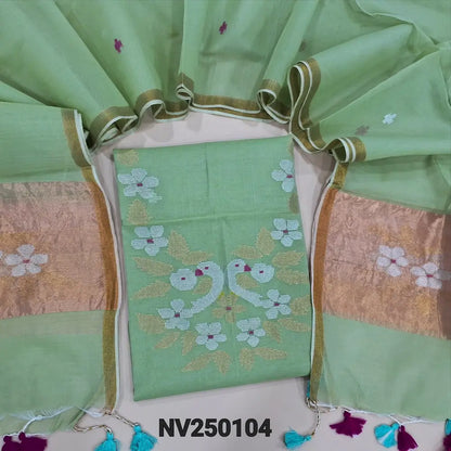 Designer Pastel Green Muslin Jamdani unstitched salwar material, Weaving yoke (Thin, Lining Needed) NO BOTTOM, Jamdani woven full length dupatta with paithani weaving on pallu and handamde tassels. NV250104