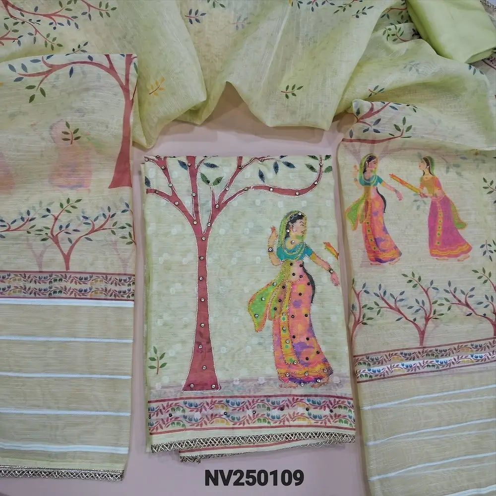 Digital printed pastel Yellow jakard slub silk cotton unstitched salwar material, (lining needed) bead work on  daman, matching spun cotton bottom, digital printed jakard slub silk cotton dupatta. NV250109