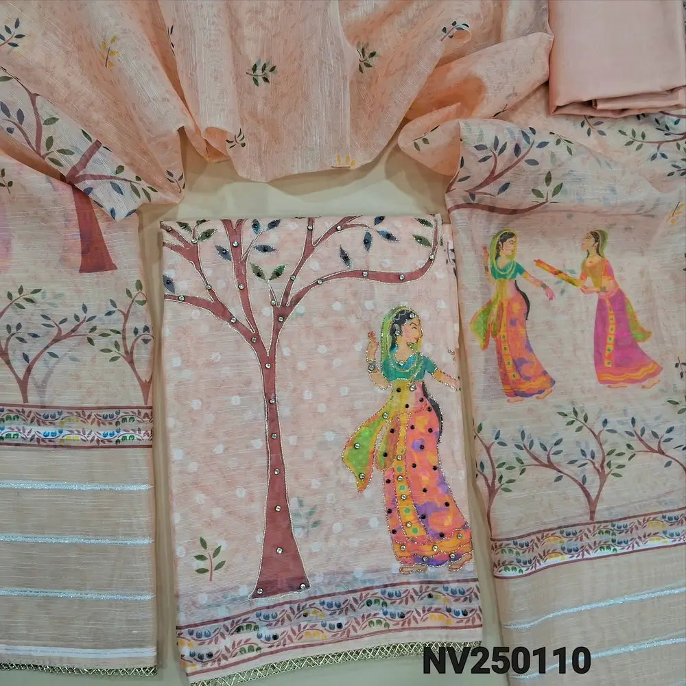 Digital printed light peachish pink jakard slub silk cotton unstitched salwar material, (lining needed) bead work on  daman, matching spun cotton bottom, digital printed jakard slub silk cotton dupatta. NV250110