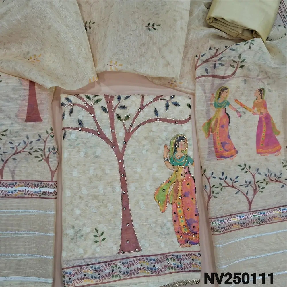 Digital printed light beige jakard slub silk cotton unstitched salwar material, (lining needed) bead work on  daman, matching spun cotton bottom, digital printed jakard slub silk cotton dupatta. NV250111