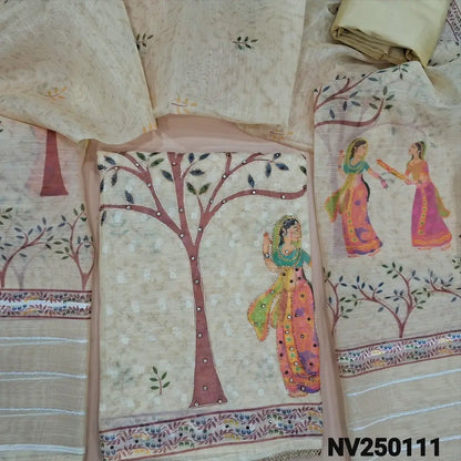Digital printed light beige jakard slub silk cotton unstitched salwar material, (lining needed) bead work on  daman, matching spun cotton bottom, digital printed jakard slub silk cotton dupatta. NV250111
