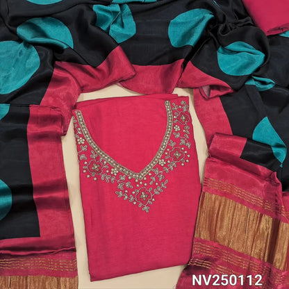Designer Pink uppada silk unstitched salwar material, (lining needed) zardozi, bed work on yoke, matching santoon bottom, printed premium gaji silk shorth width dupatta. NV250112