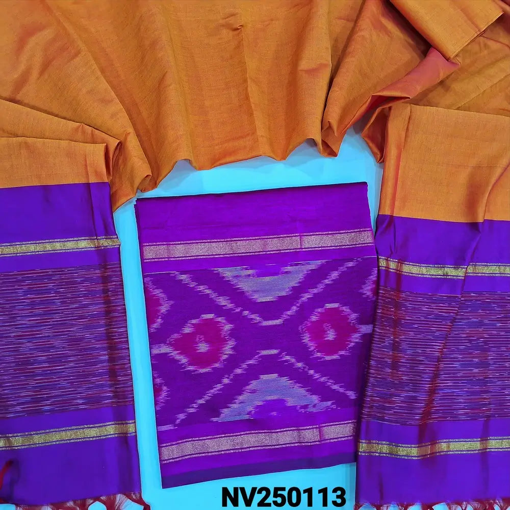 Bright Purple silk cotton unstitched salwar material, thread woven design on daman (lining needed) light orange silk cotton bottom, dual shaded silk cotton dupatta. NV250113