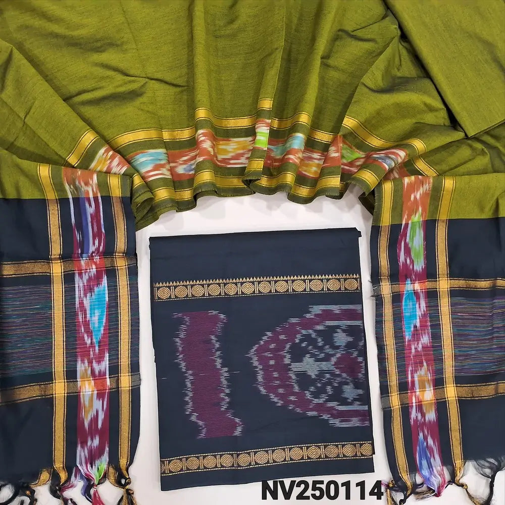 Black silk cotton unstitched salwar material, thread woven design on daman(lining needed) mehandhi green silk cotton bottom, dual shaded silk cotton dupatta. NV250114