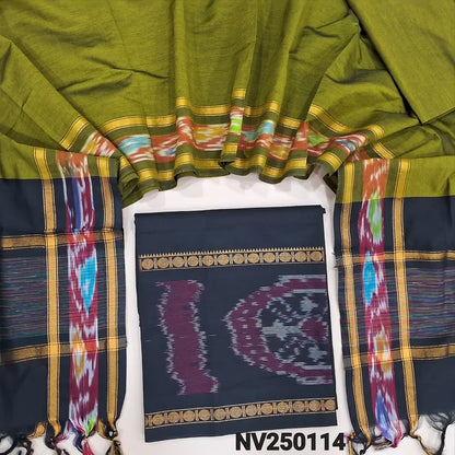 Black silk cotton unstitched salwar material, thread woven design on daman(lining needed) mehandhi green silk cotton bottom, dual shaded silk cotton dupatta. NV250114