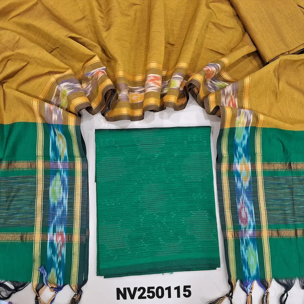 Bottle Green silk cotton unstitched salwar material, thread woven design all over(lining needed) mehandhi yellow silk cotton bottom, dual shaded silk cotton dupatta. NV250115