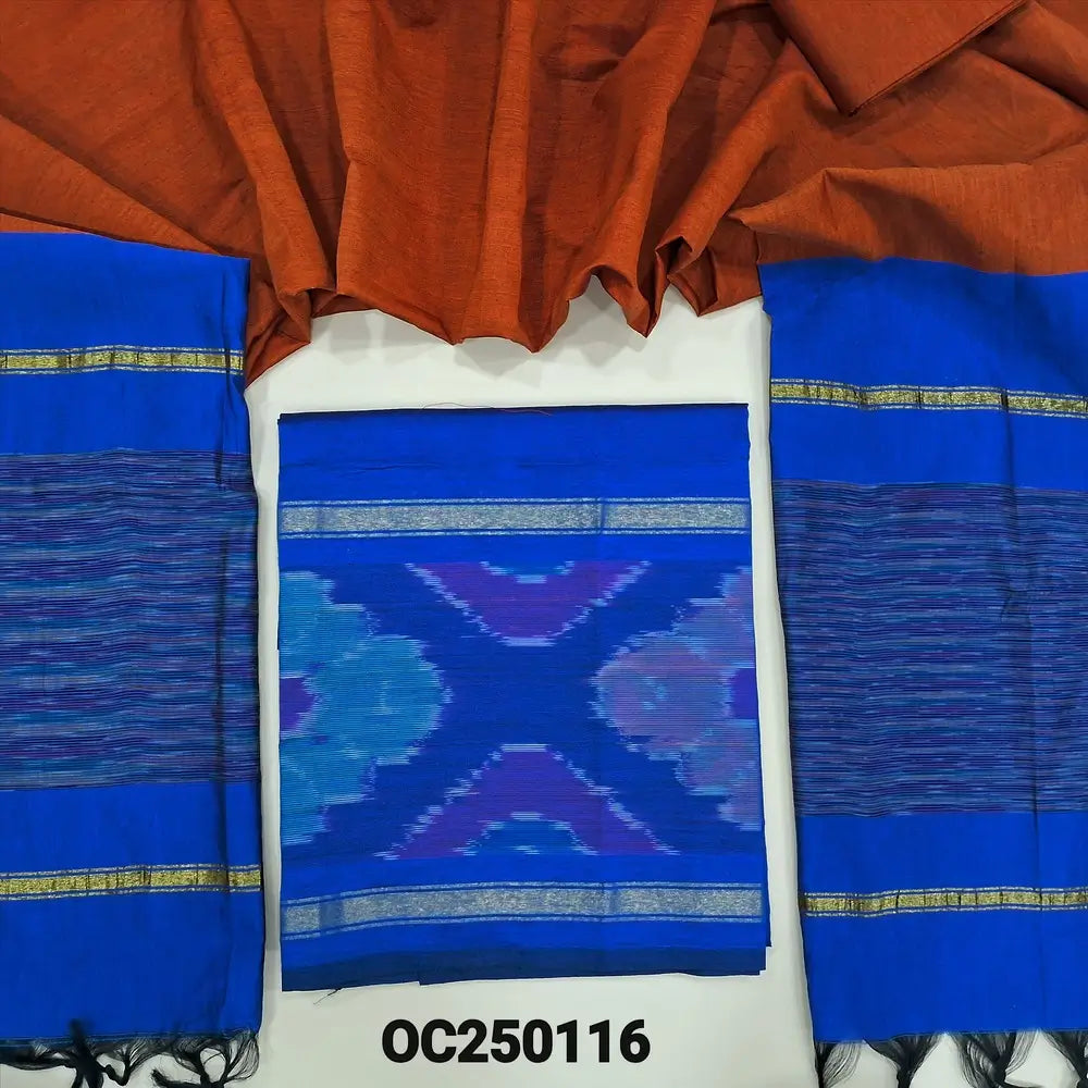 Royal Blue silk cotton unstitched salwar material, thread woven design on daman(lining needed) brick red silk cotton bottom, dual shaded silk cotton dupatta. oc250116