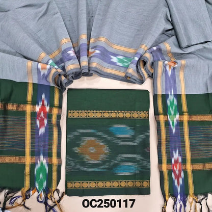 Dark Green silk cotton unstitched salwar material, thread woven design on daman(lining needed) light grey silk cotton bottom, dual shaded silk cotton dupatta. NV250117