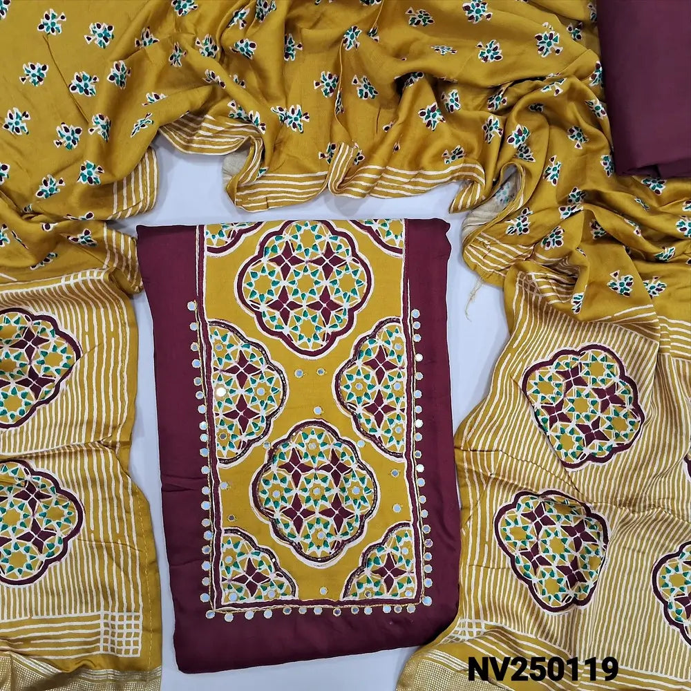 Dark Maroon premium modal cotton unstitched salwar material, (soft, lining optional) ajrak print, bead work on yoke, matching spun cotton bottom, printed short width premium nodal cotton dupatta. NV250119