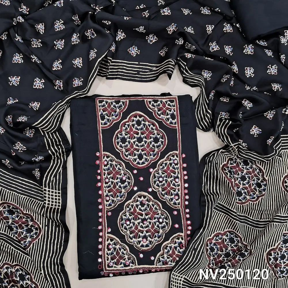 Black premium modal cotton unstitched salwar material, (soft, lining optional) ajrak print, bead work on yoke, matching spun cotton bottom, printed short width premium nodal cotton dupatta. NV250120