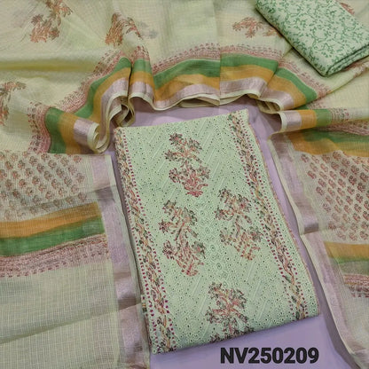 Pastel Green block printed chikankari embroidered mul cotton unstitched salwar material, panel pattern on front(lining needed)block printed cotton bottom, block printed kota cotton dupatta with gold tissue border. NV250209