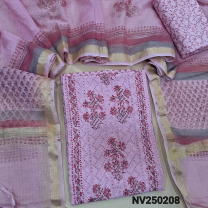 Pastel Pink block printed chikankari embroidered mul cotton unstitched salwar material, panel pattern on front(lining needed)block printed cotton bottom, block printed kota cotton dupatta with gold tissue border. NV250208