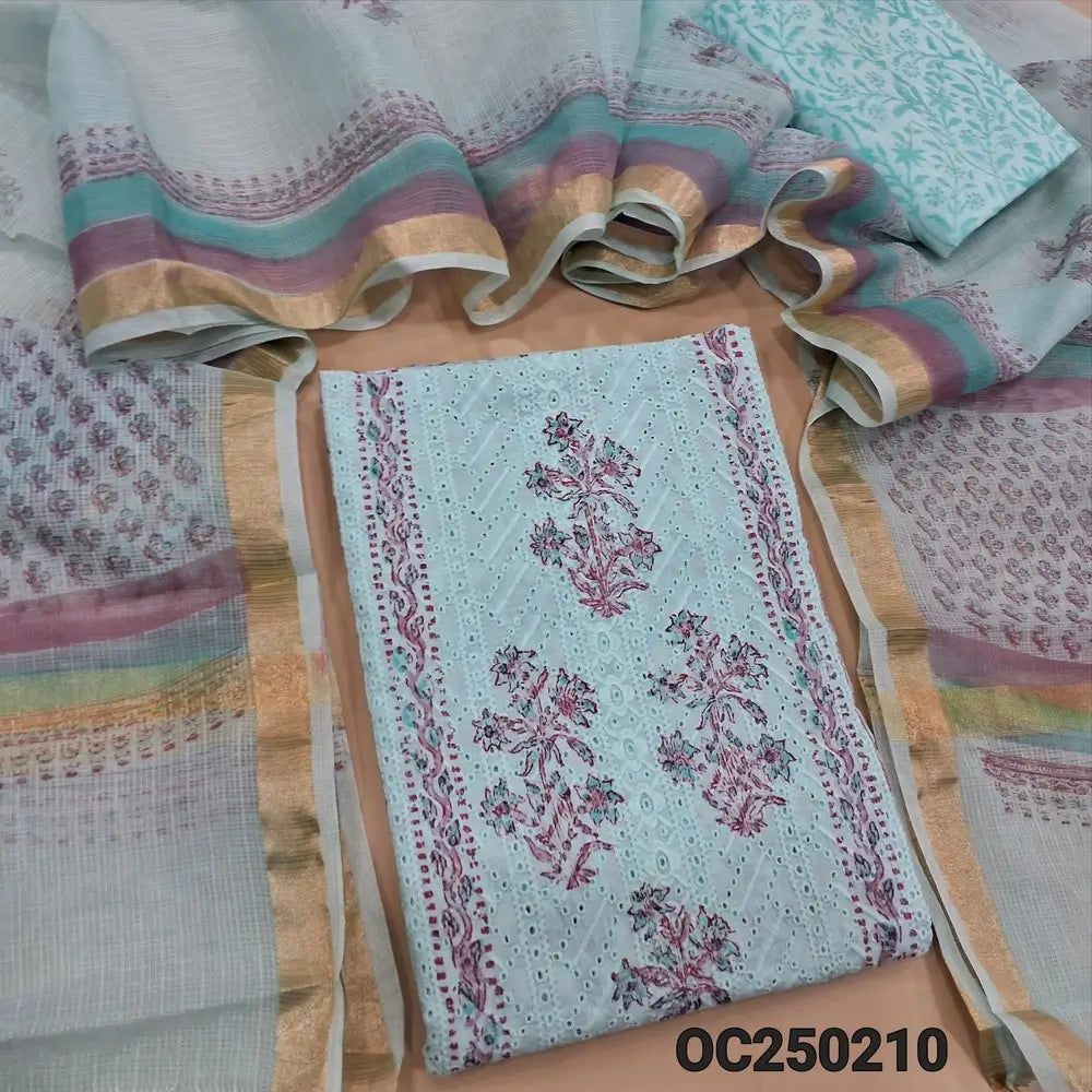 Pastel Blue block printed chikankari embroidered mul cotton unstitched salwar material, panel pattern on front(lining needed)block printed cotton bottom, block printed kota cotton dupatta with gold tissue border. NV250210