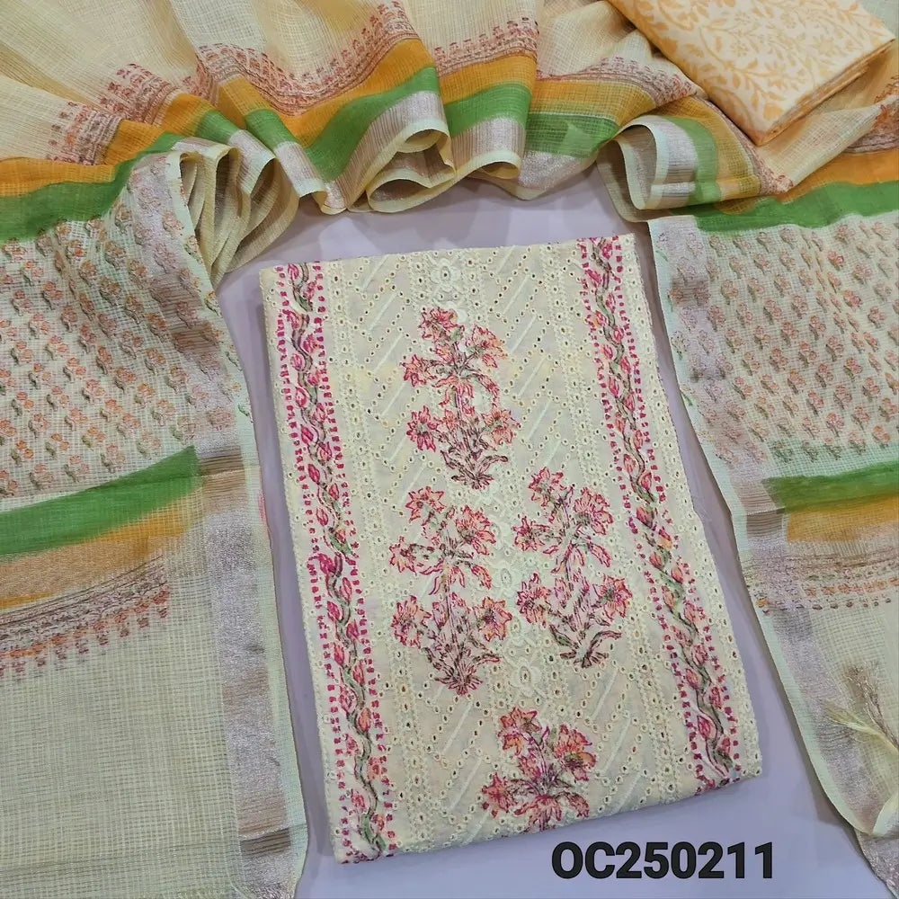 Pastel yellow block printed chikankari embroidered mul cotton unstitched salwar material, panel pattern on front(lining needed)block printed cotton bottom, block printed kota cotton dupatta with gold tissue border. NV250211