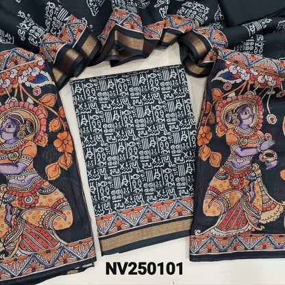 Black Warli printed premium chanderi silk cotton unstitched salwar material tissue borders on daman,(soft, lining needed) matching spun cotton bottom, digital printed silk cotton full length dupatta. NV250201