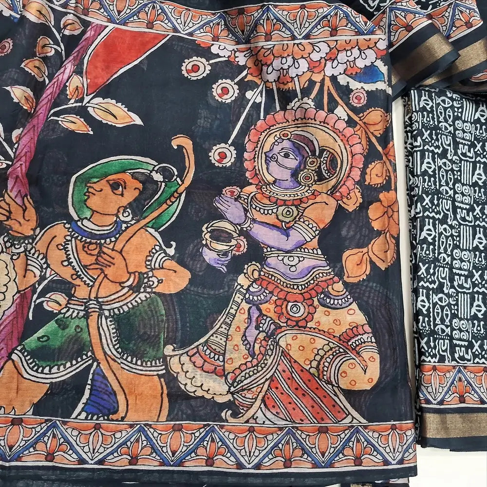 Black Warli printed premium chanderi silk cotton unstitched salwar material tissue borders on daman,(soft, lining needed) matching spun cotton bottom, digital printed silk cotton full length dupatta. NV250201