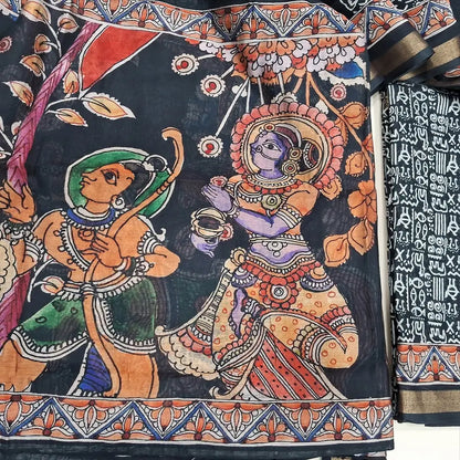 Black Warli printed premium chanderi silk cotton unstitched salwar material tissue borders on daman,(soft, lining needed) matching spun cotton bottom, digital printed silk cotton full length dupatta. NV250201