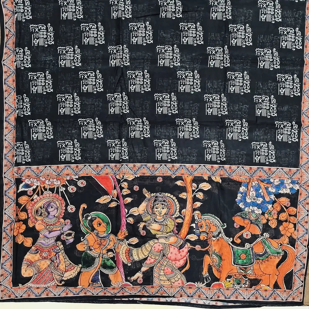 Black Warli printed premium chanderi silk cotton unstitched salwar material tissue borders on daman,(soft, lining needed) matching spun cotton bottom, digital printed silk cotton full length dupatta. NV250201