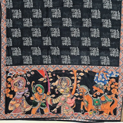 Black Warli printed premium chanderi silk cotton unstitched salwar material tissue borders on daman,(soft, lining needed) matching spun cotton bottom, digital printed silk cotton full length dupatta. NV250201