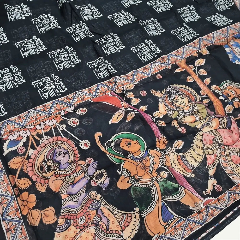 Black Warli printed premium chanderi silk cotton unstitched salwar material tissue borders on daman,(soft, lining needed) matching spun cotton bottom, digital printed silk cotton full length dupatta. NV250201