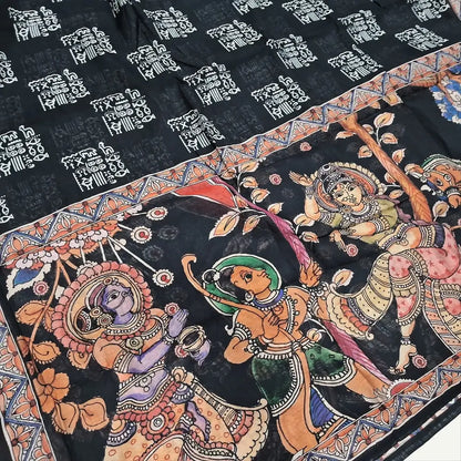 Black Warli printed premium chanderi silk cotton unstitched salwar material tissue borders on daman,(soft, lining needed) matching spun cotton bottom, digital printed silk cotton full length dupatta. NV250201